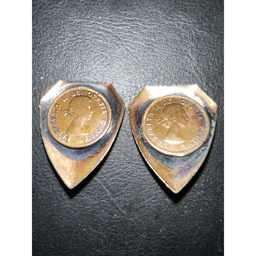 Vintage Queen Elizabeth II Coin Shield Clip On Earrings Gold Silver Tone Small